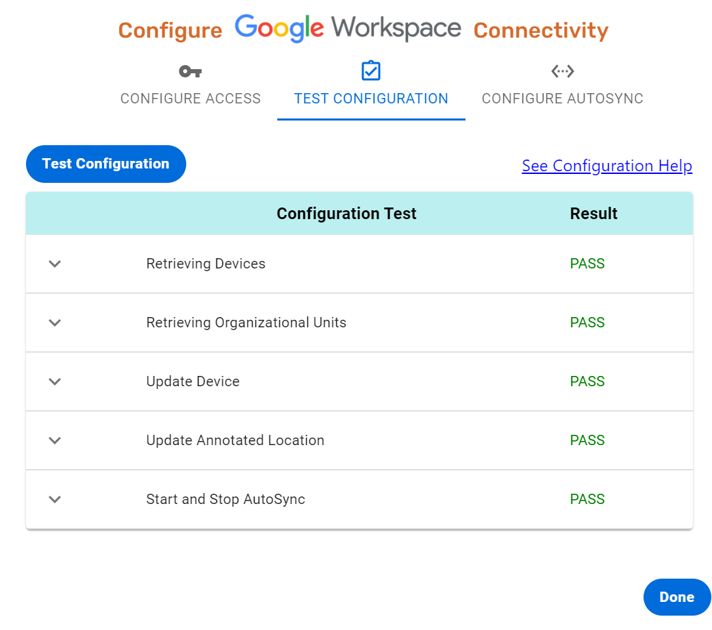 Google Workshop Test Configuration results